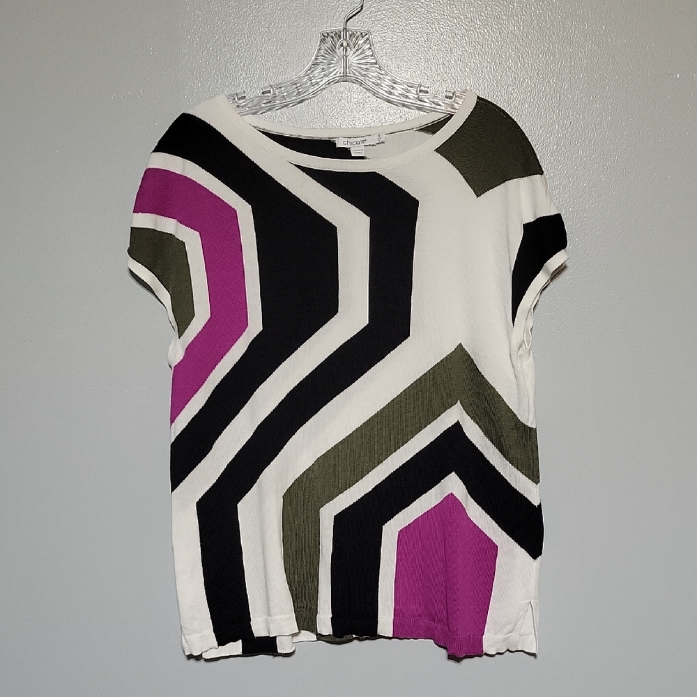 Chico's Sleeveless Sweater Top Geographic Pattern Sz 2 Large Lightweight Knit